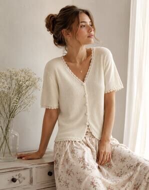 VTG Ramie Cotton Knit Cardigan Ivory Sz Medium Romantic Dainty Ribbed Sweater